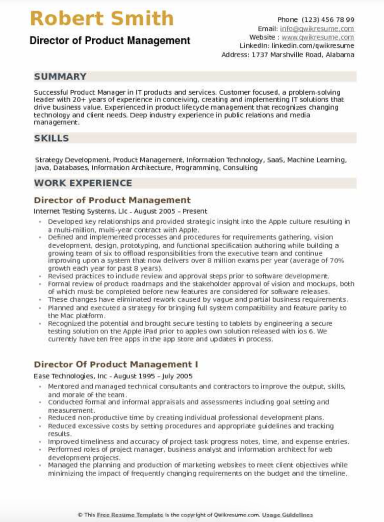 Director of Product Resume